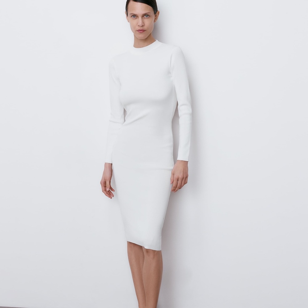 KNIT DRESS WITH BACK VENT Zara -  WHITE - New with Tags